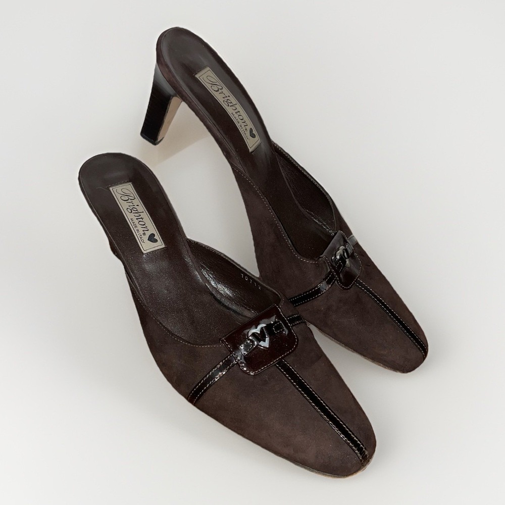 Brighton Wanda Brown Suede Mule Heels Silver Heart Embellishment‎ Size: 11